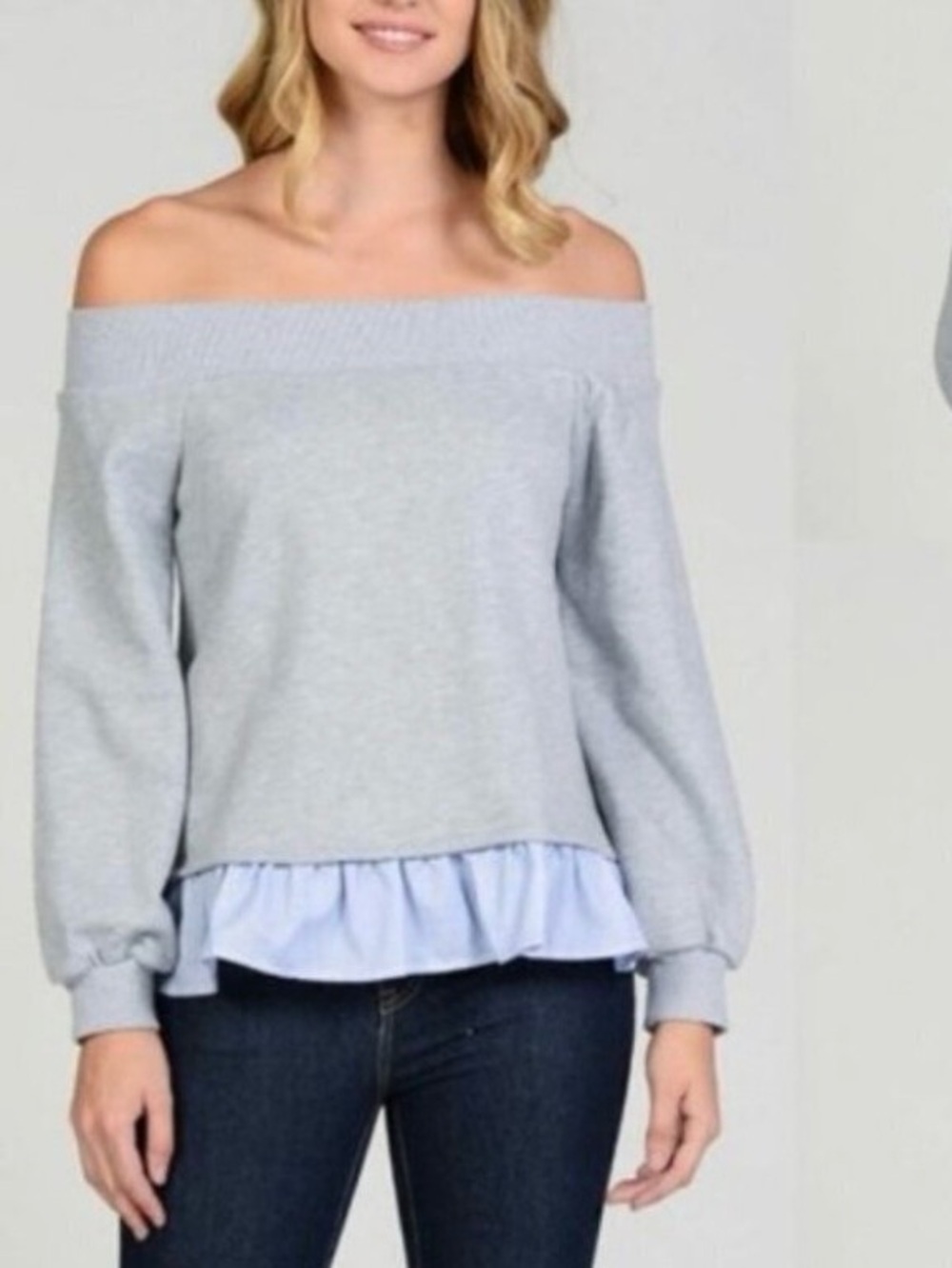 After Market Gray Off-Shoulder Ruffle Hem Sweatshirt NWTSZ:M
